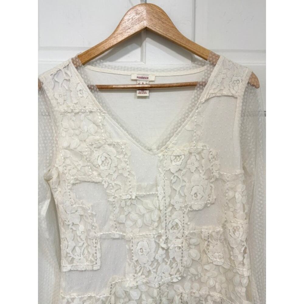 Sundance Lace Patchwork Blouse Small Cream Sheer Mesh Long Sleeve V-Neck Top - Picture 3 of 12